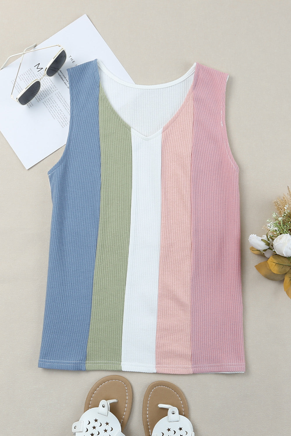 Color Block V-Neck Waffle Knit Tank Top