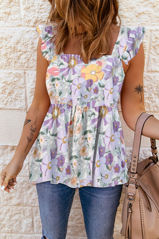 Purple Multicolor Flutter Floral Print Flowy Tank Top