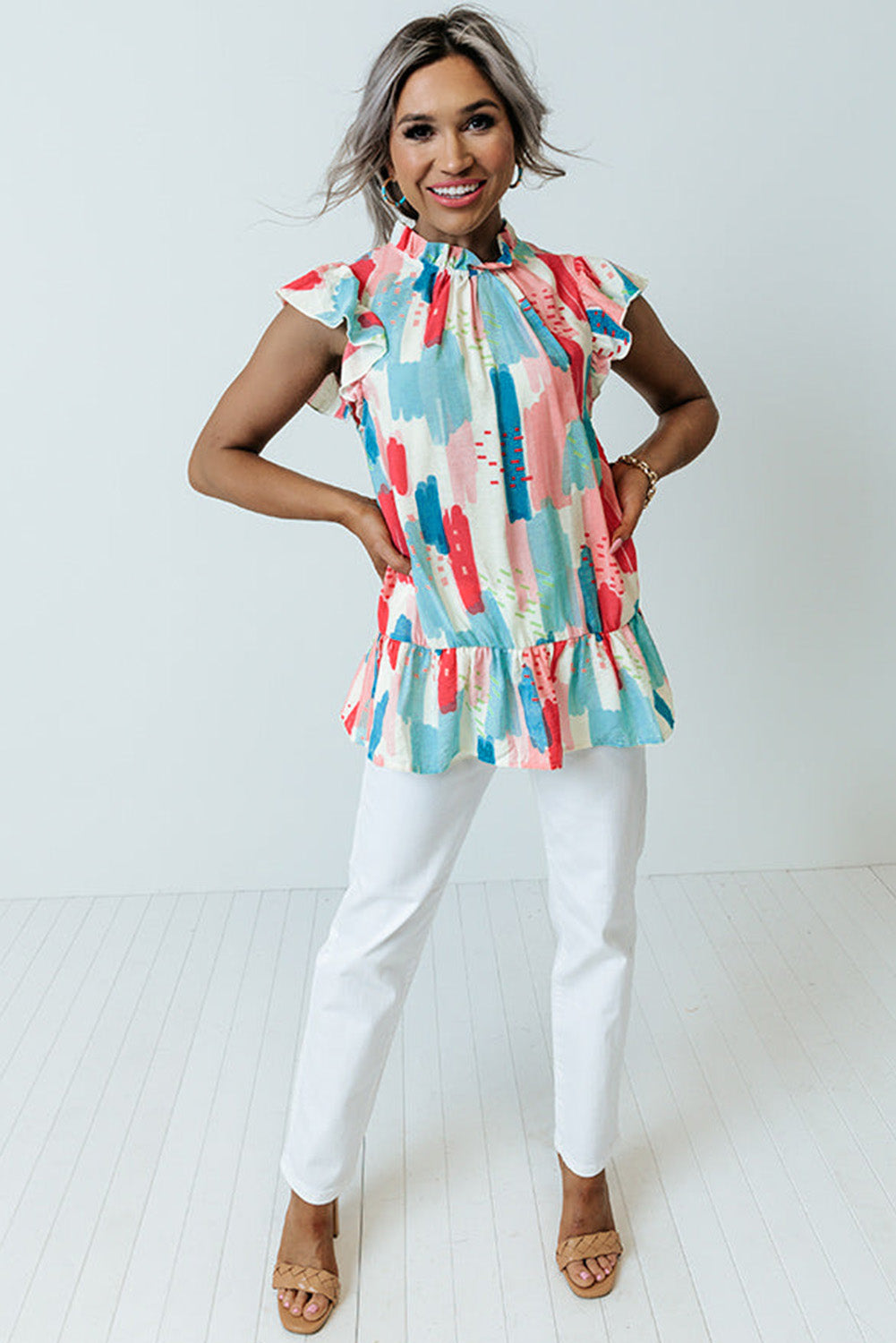 Color Block Ruffled Mock Neck Ruffled Top