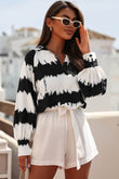 Striped Turn Down Collar Balloon Sleeve Blouse