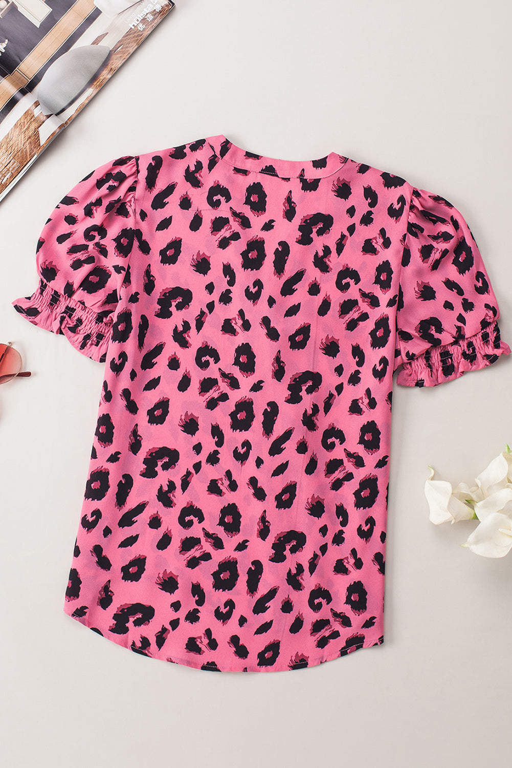 Leopard Notch Neck Bubble Sleeve Blouse