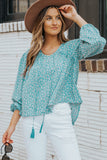 Floral Print Drawstring High Low V Neck Blouse