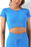 Zipped Notch Short Sleeve Ribbed Yoga Top