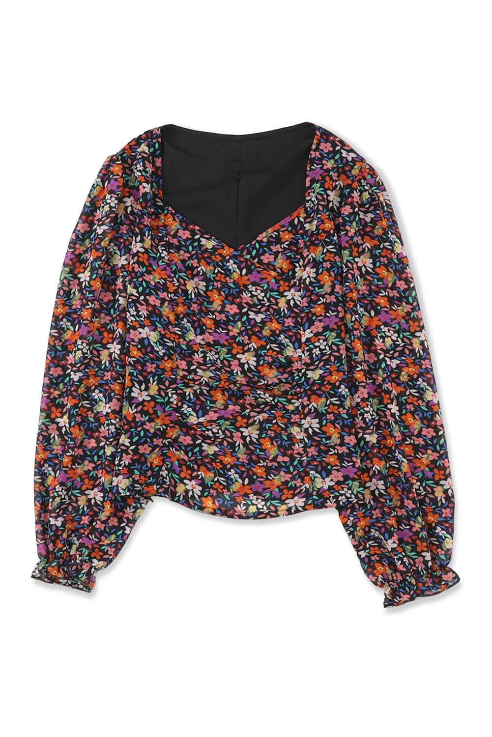 Blouse florale noire à col en V et manches bouffantes