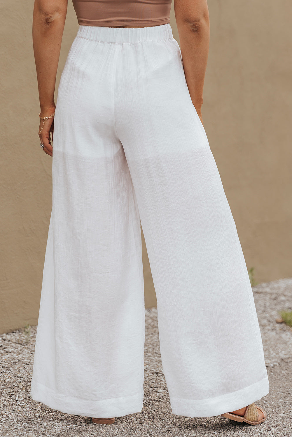 Pantalon large plissé à taille élastique de couleur unie blanc