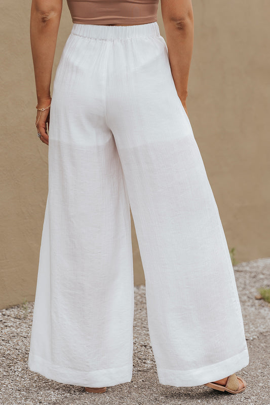 Pantalon large plissé à taille élastique de couleur unie blanc