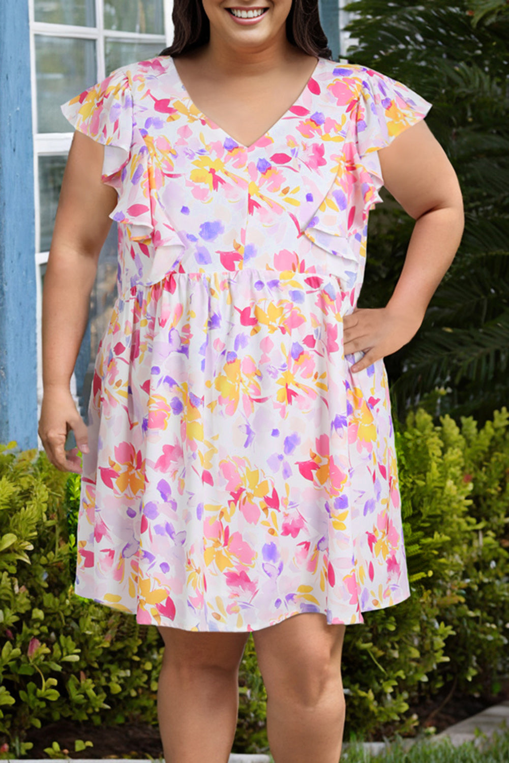 Floral V-Neck Ruffled Sleeve Plus Size Dress