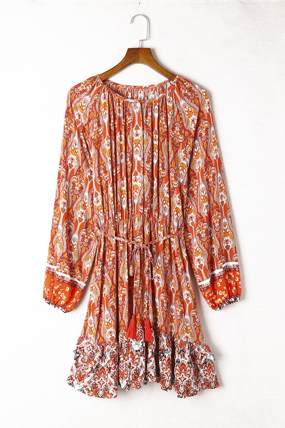 Western Pattern Print Lantern Sleeve Drawstring Mini Dress