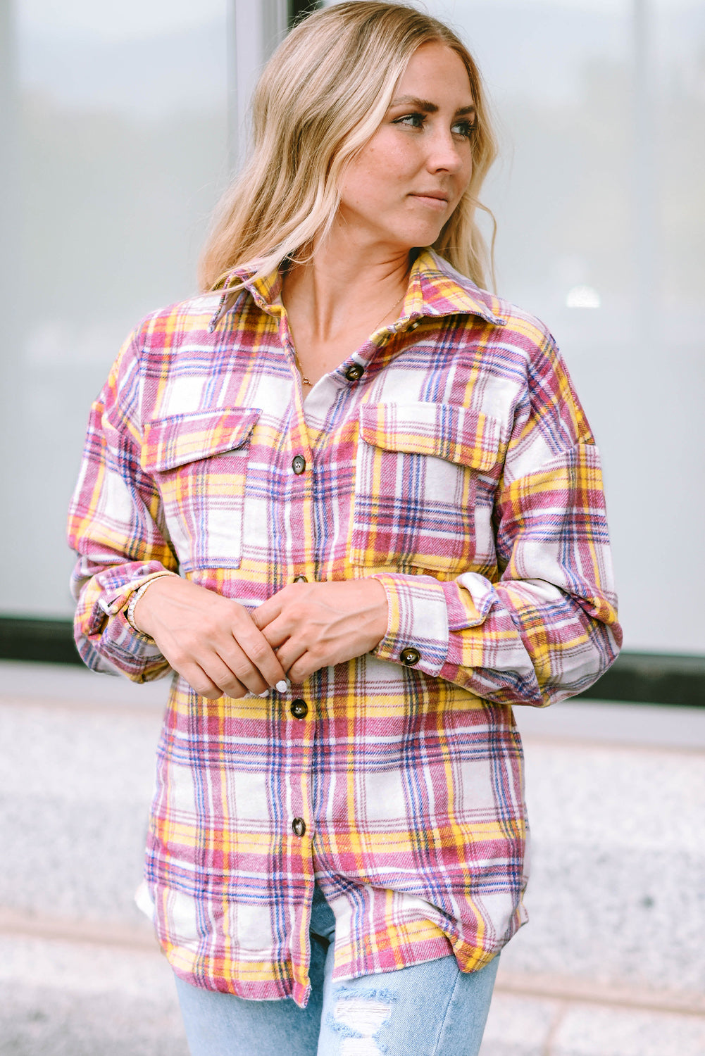 Plaid Print Rounded Hem Shirt Jacket