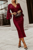 Deep V Neck Bell Sleeve Sequin Dress