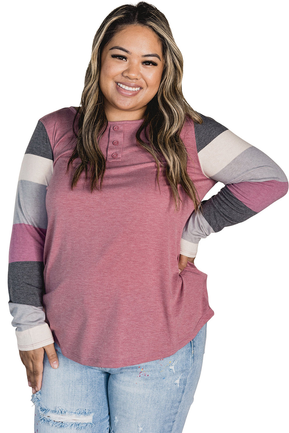 Candy Striping Sleeve Plus Size Top