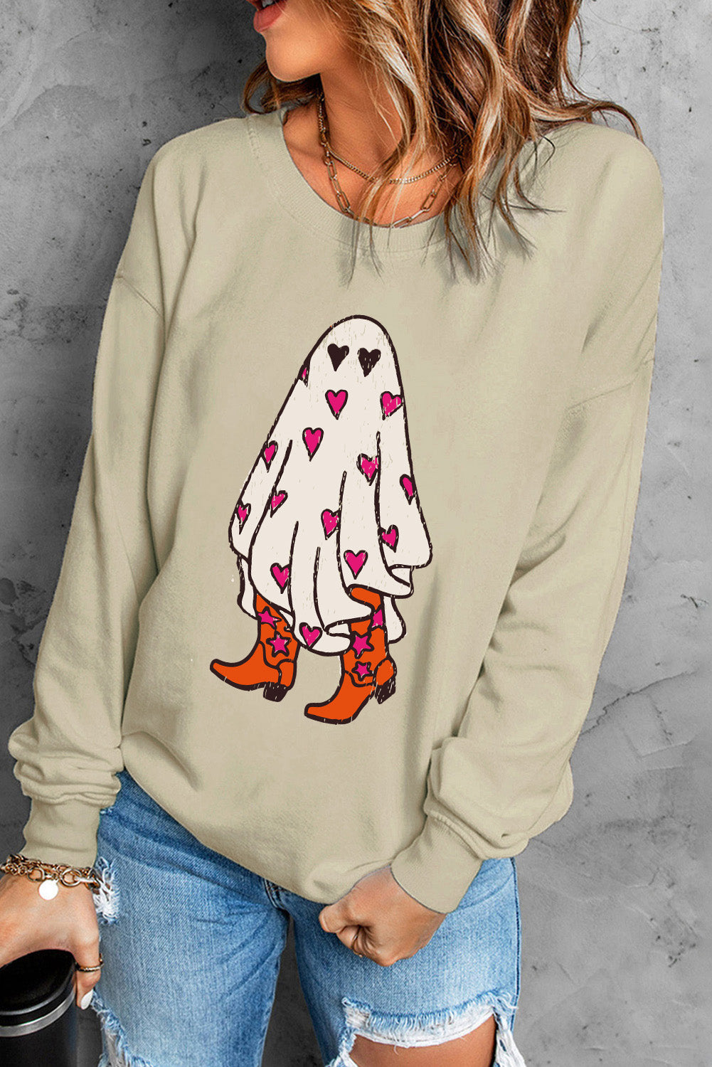 Black Halloween Spooky Ghost Print Crewneck Pullover Sweatshirt