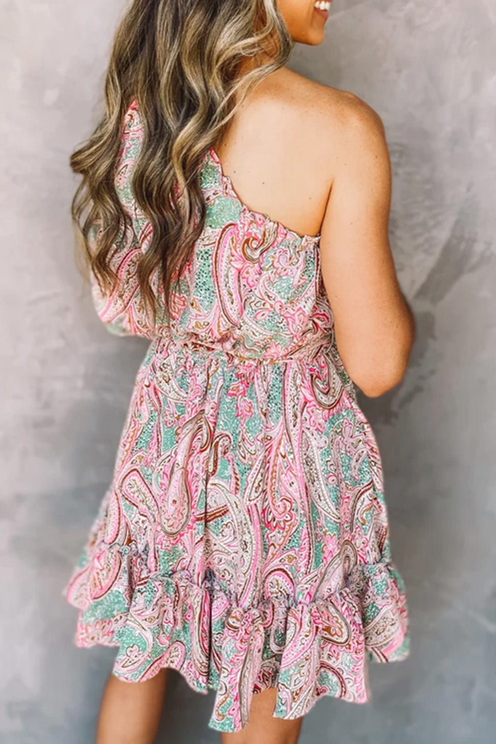 Paisley Print One Shoulder Lace-up High Waist Mini Dress