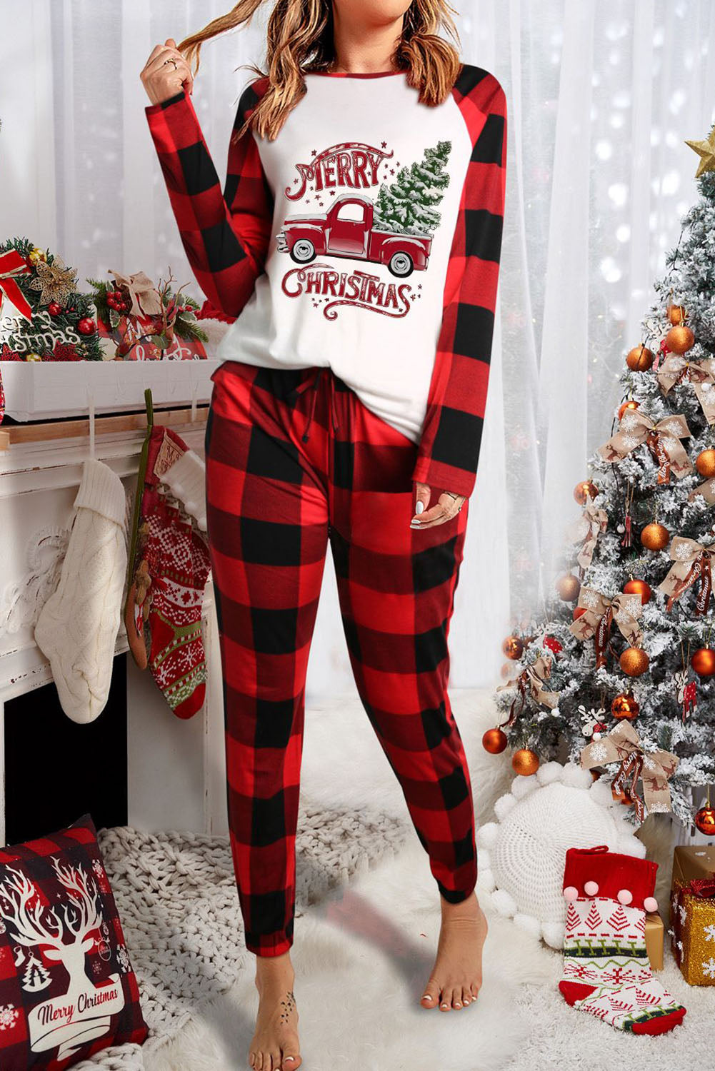 Red Plaid Raglan Sleeves Top and Drawstring Pants Lounge Set