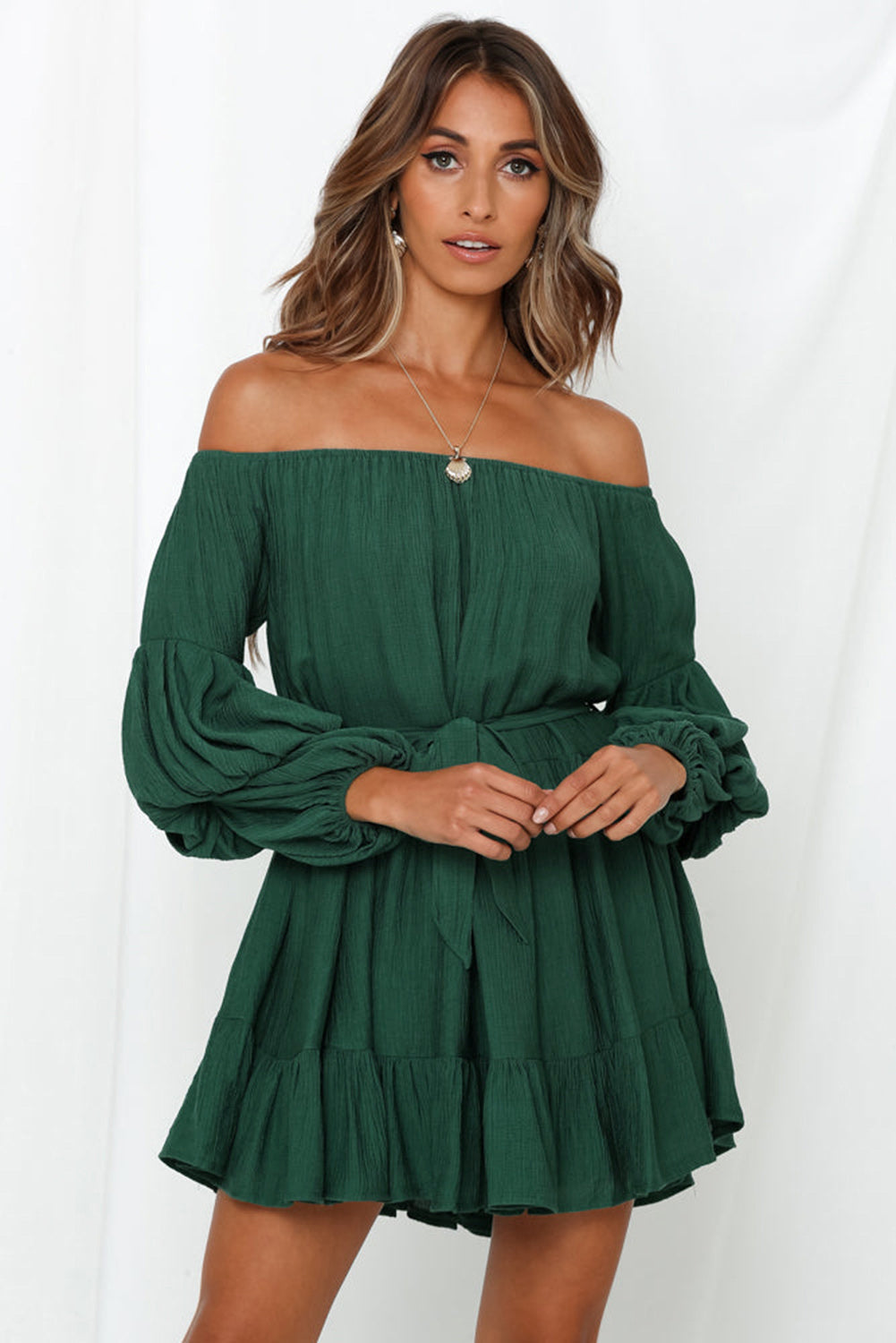 Off-Shoulder Tiered Bubble Sleeve Ruffled Dress