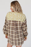 Red Floral Plaid Mixed Print Bishop Sleeve Patchwork Top