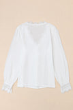 White Lace Crochet Trim Deep V Neck Textured Blouse