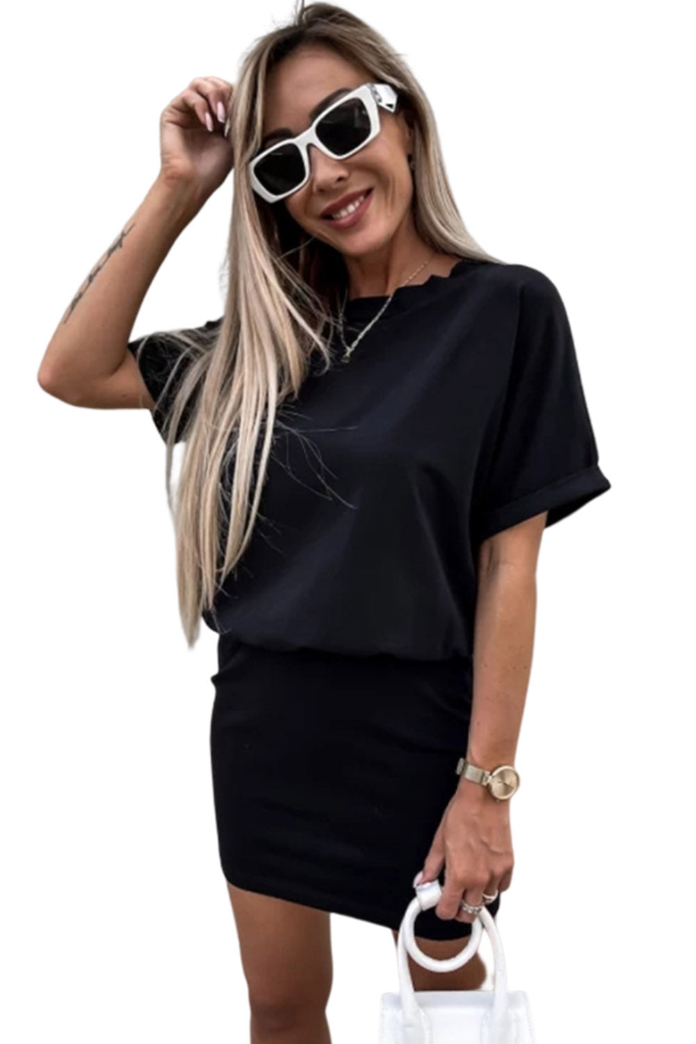 Solid Color High Waist Short Sleeve Active Mini Dress