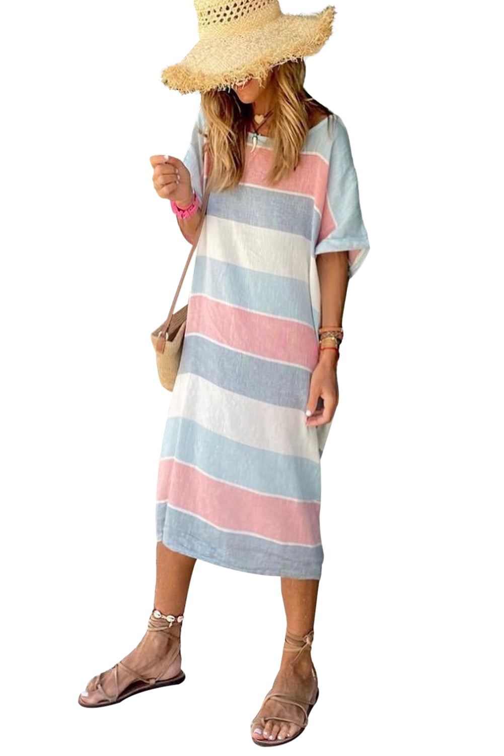 Striped Color Block Loose Fit 3/4 Sleeve Dress