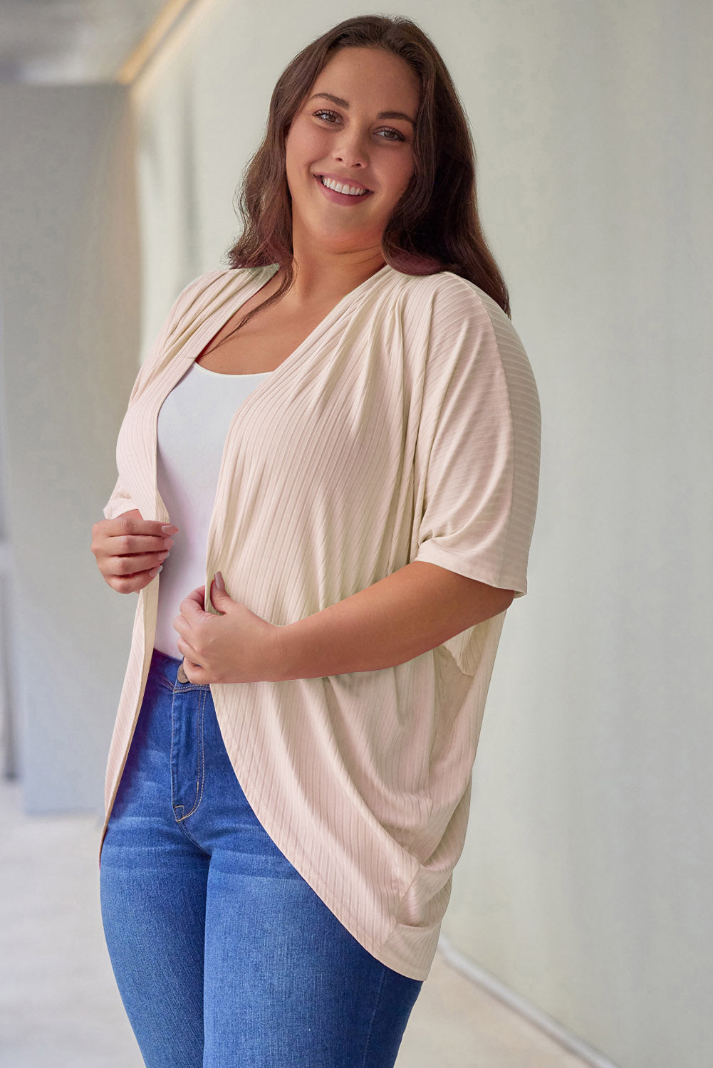 Apricot Shimmer Ribbed Texture Plus Size Cardigan