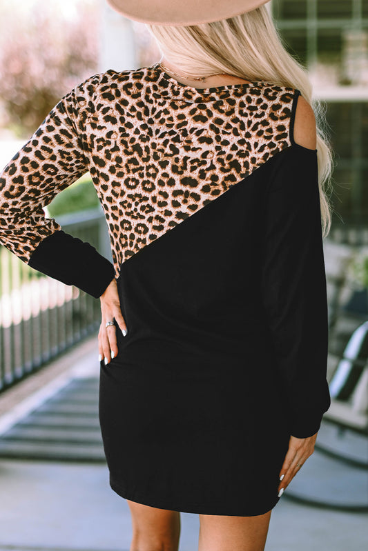 Asymmetric Cold Shoulder Leopard Colorblock Mini Dress