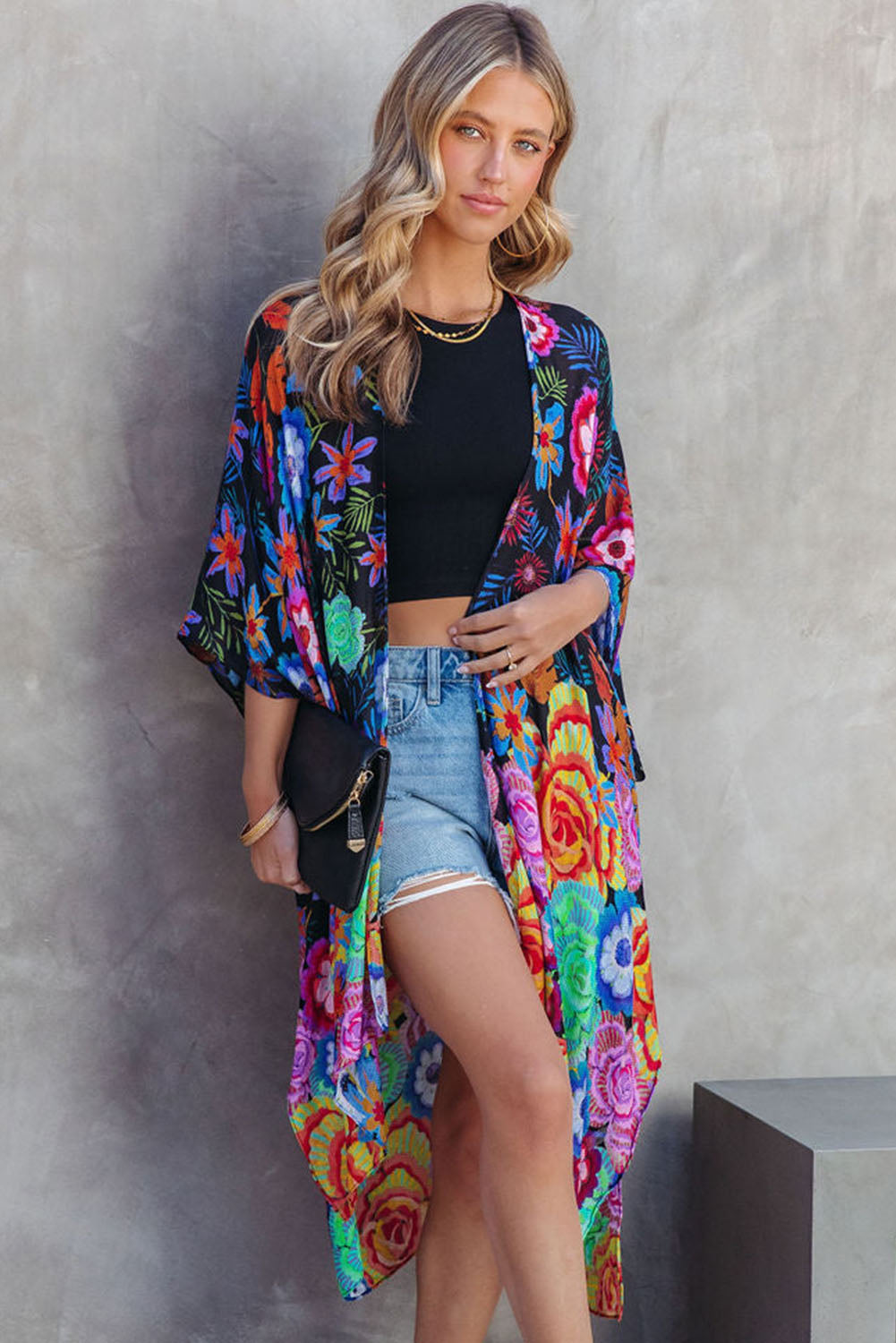 Kimono multicolore bohème imprimé floral à manches mi-longues ouvert sur le devant 