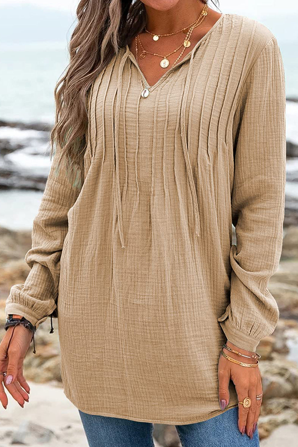 Casual Pleated V Neck Textured Loose Top