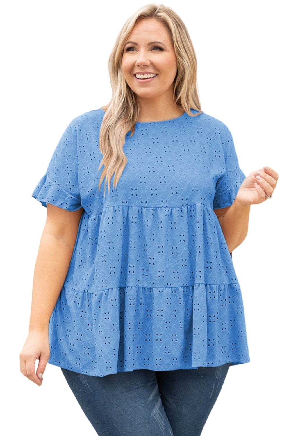 Pink Plus Size Eyelet Pattern Ruffle Sleeve Babydoll Top