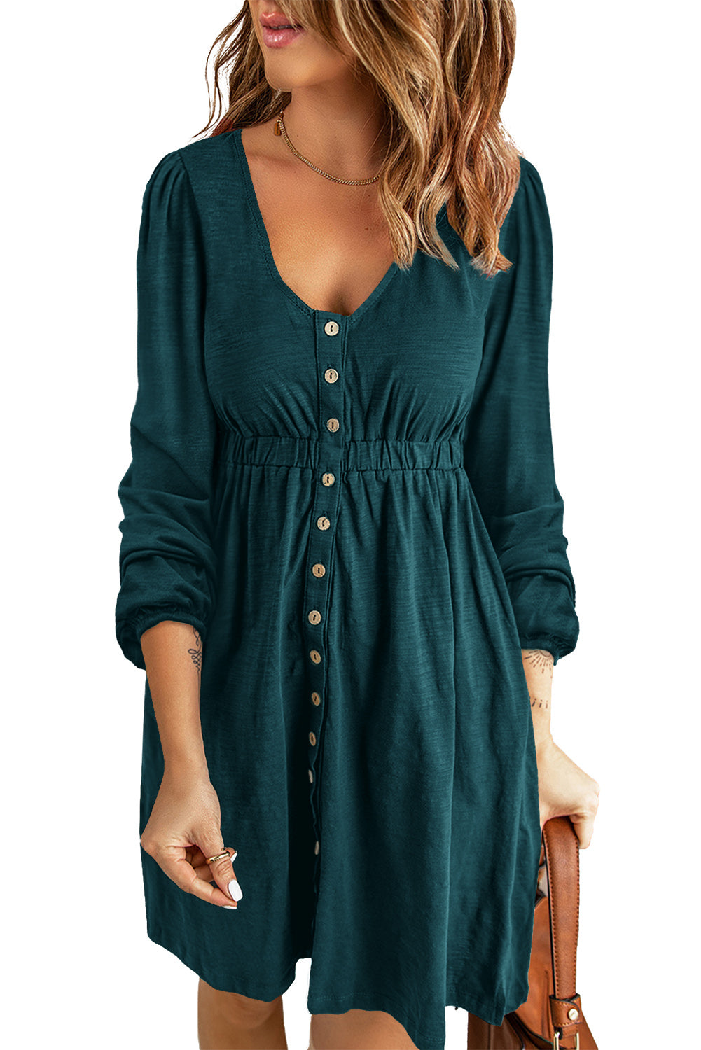 Button Up High Waist Long Sleeve Dress