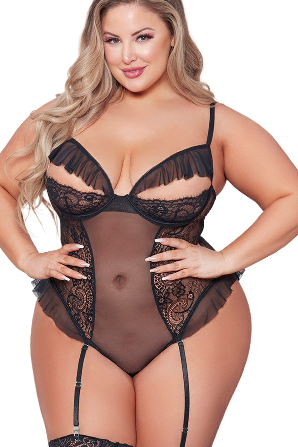 Plus Size Lace Mesh Ruffle Peekaboo Teddy Lingerie