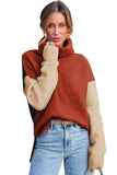 Khaki Color Block Turtle Neck Drop Shoulder Knit Sweater