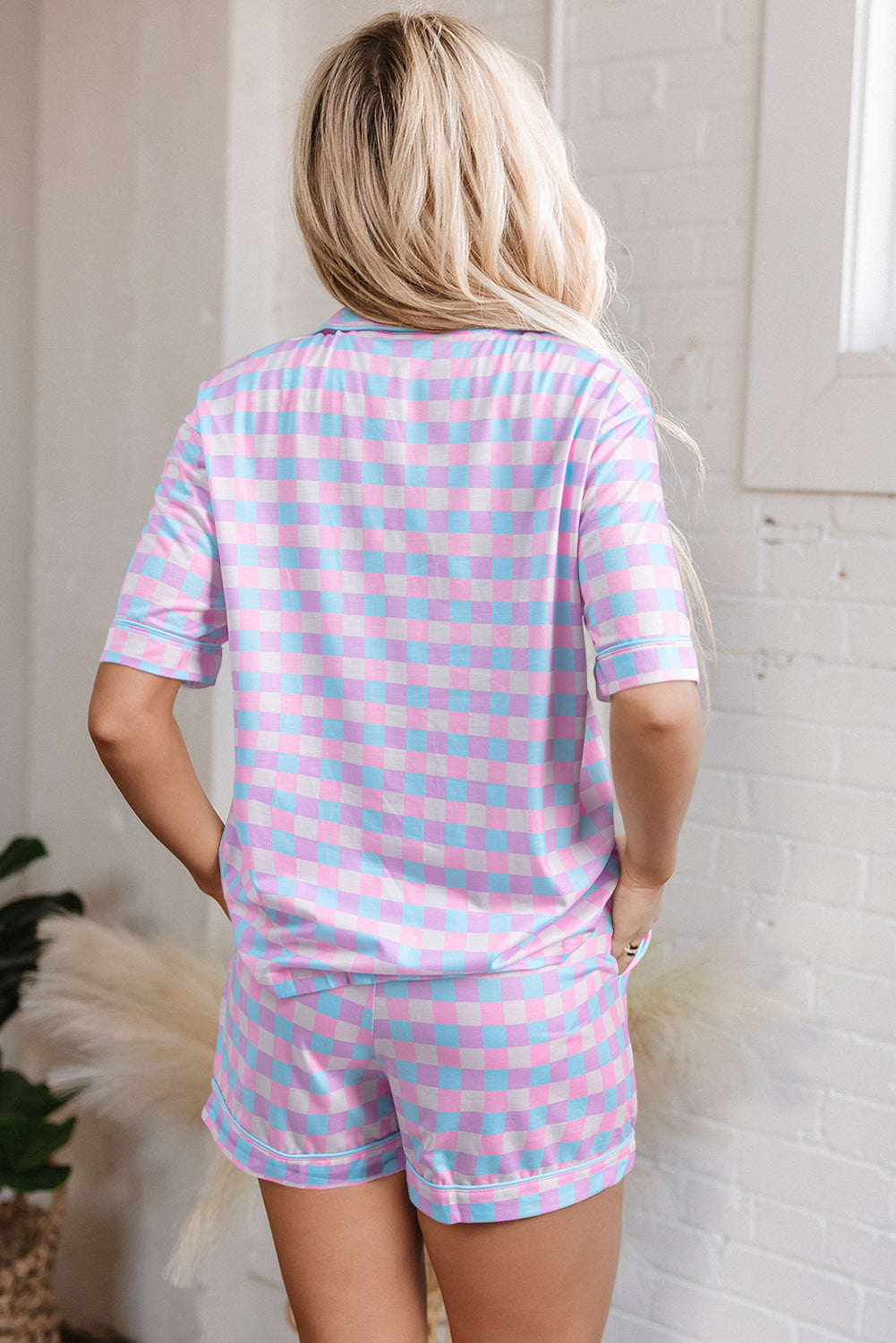 Purple Checkered Pattern Short Sleeve Pajamas Set