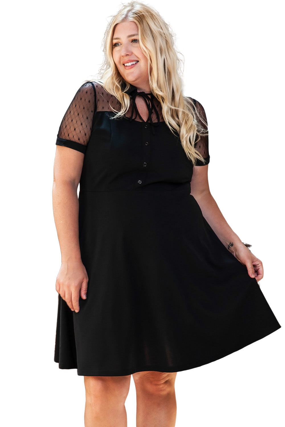 Plus Size Collared Mesh Yoke Fit Flare Dress