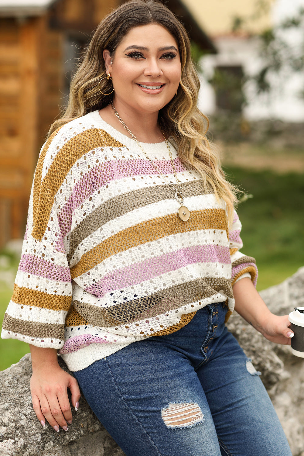 Striped Hollowed Knitted Loose Sweater