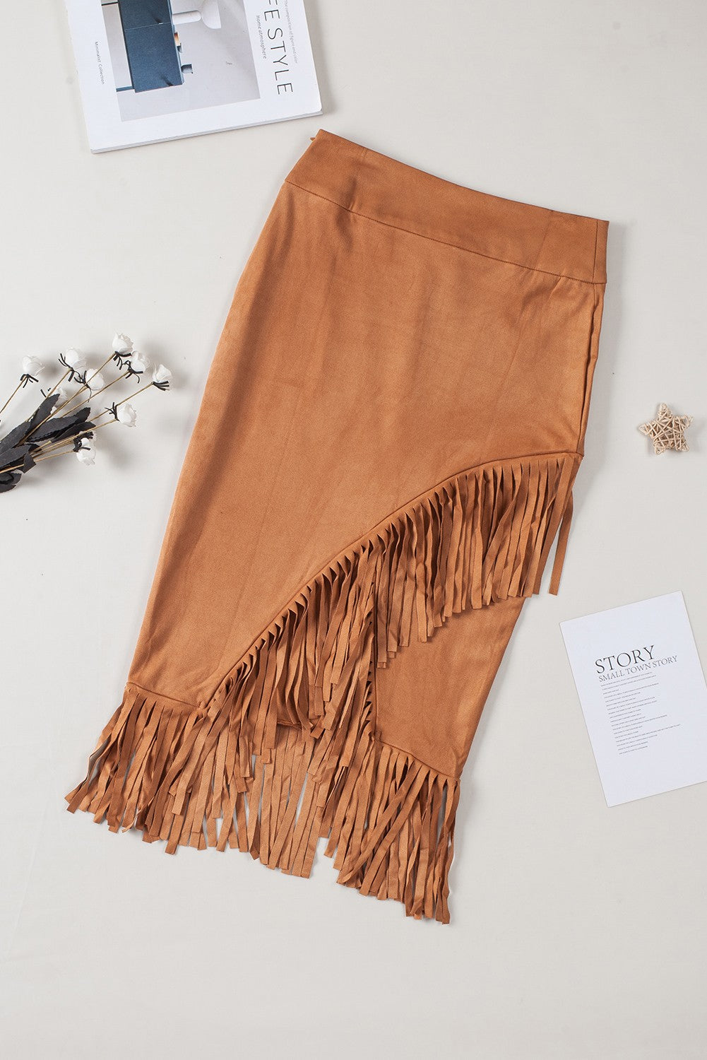 Fringe Asymmetric Wrap Suede Midi Skirt