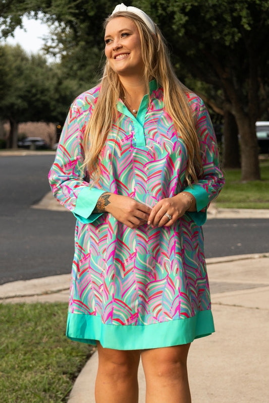 Green Plus Size Palm Pattern Long Sleeve Shift Dress