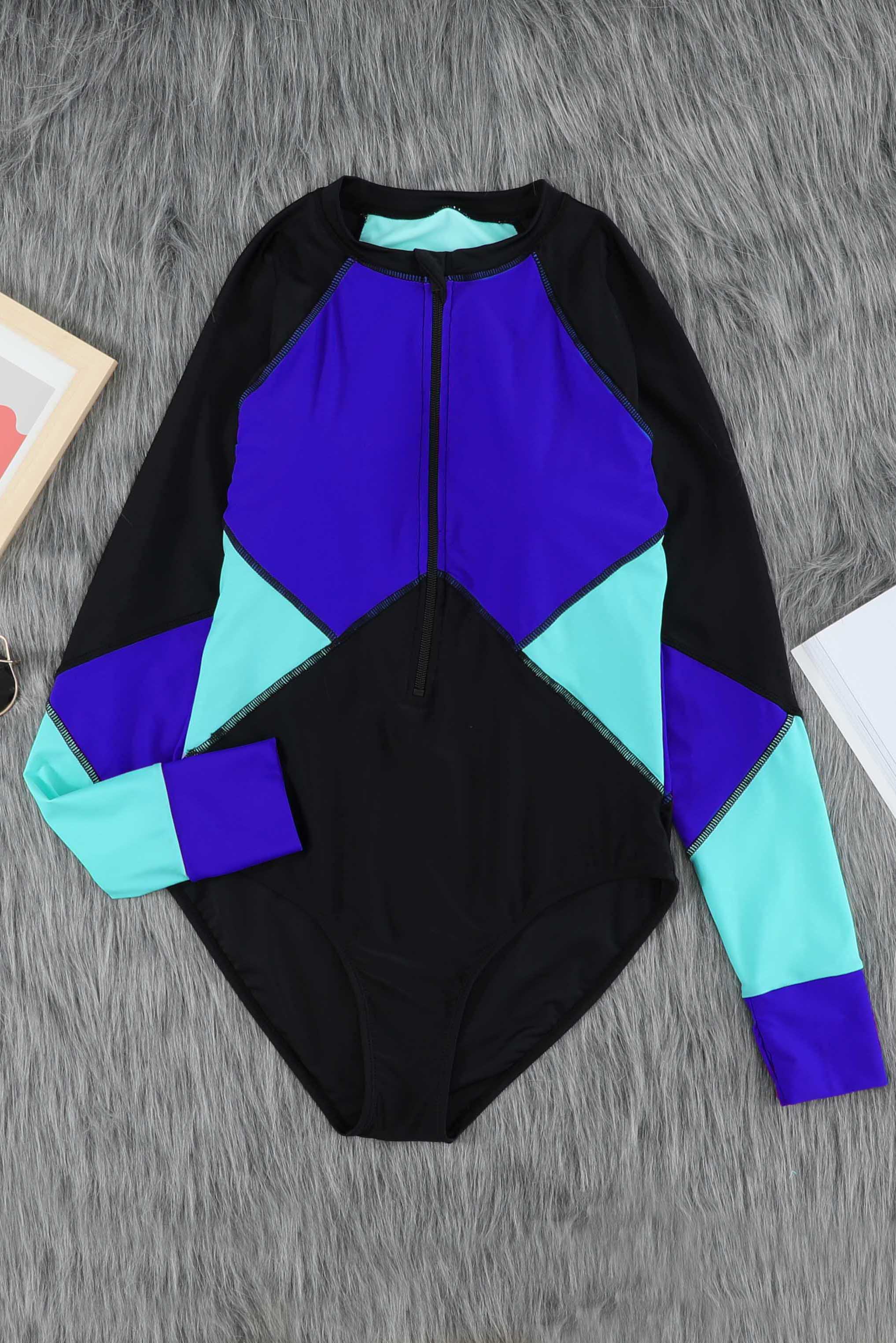 Color Block Zipper Long Sleeve Rash Guard Swimwear