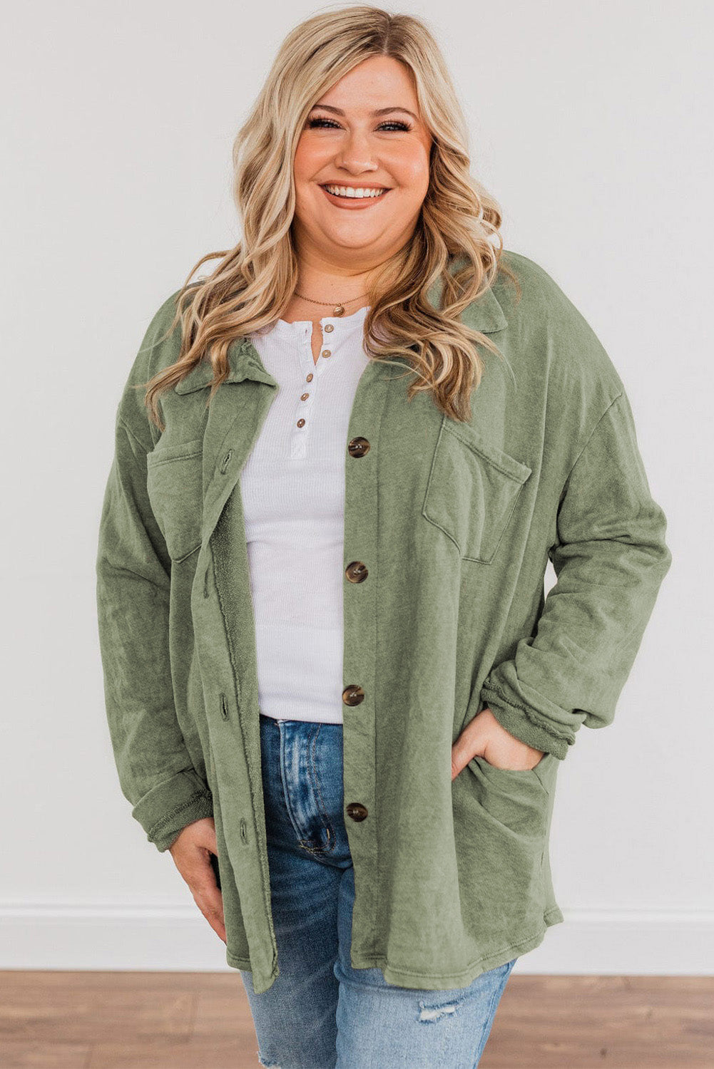 Plus Size Buttons Closure Pocketed Shacket