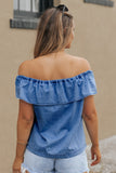 Off-the-shoulder Ruffled Denim Top