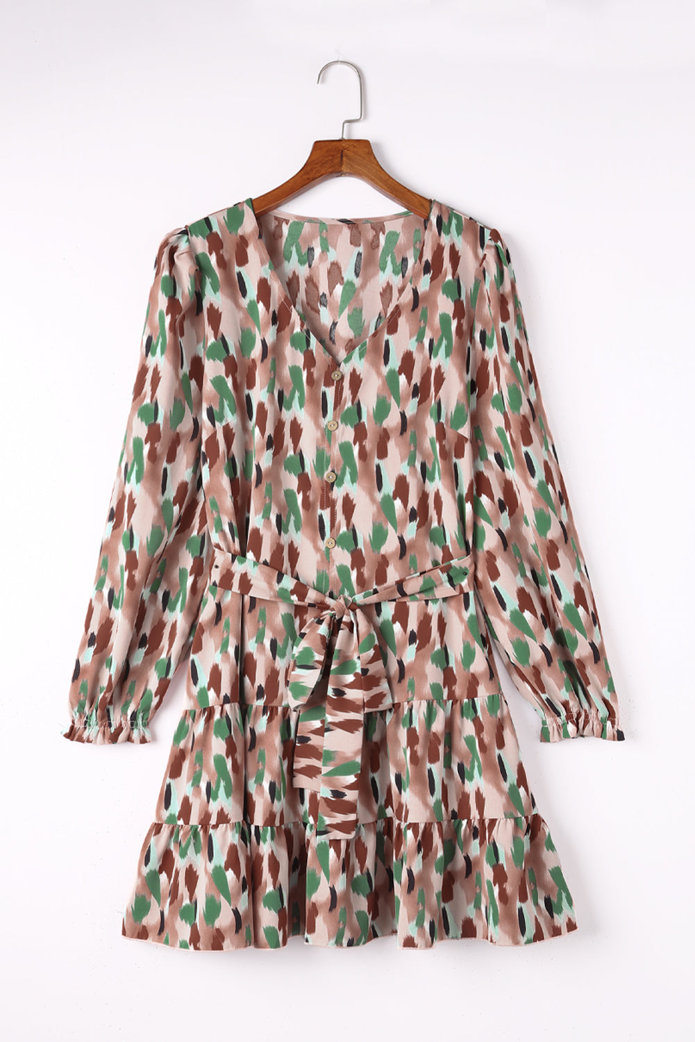 Fun Camo Print Tie Waist Flared Tiered Dress