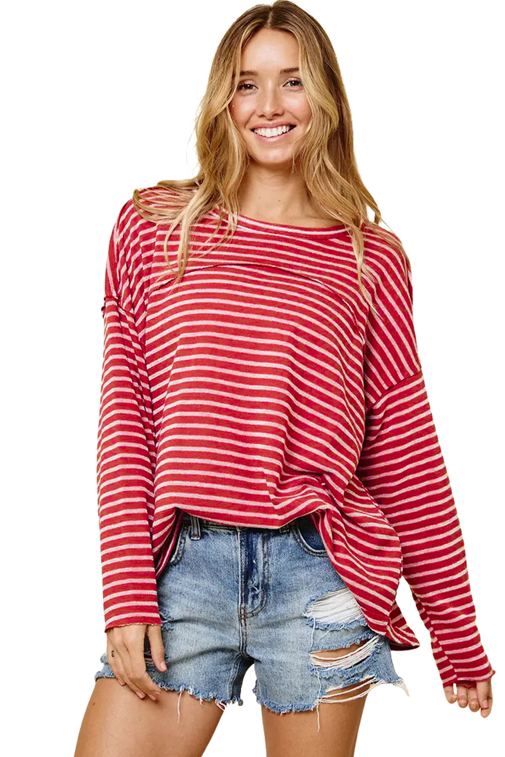 Striped Drop Shoulder Exposed Seam Long Sleeve Top