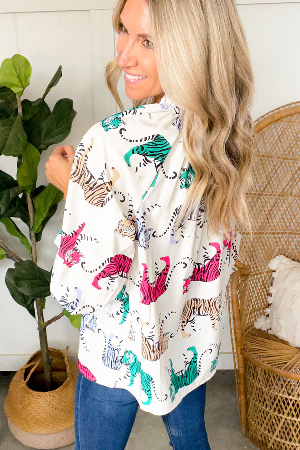 White Colorful Tiger Print Ruffled Lantern Sleeve Blouse