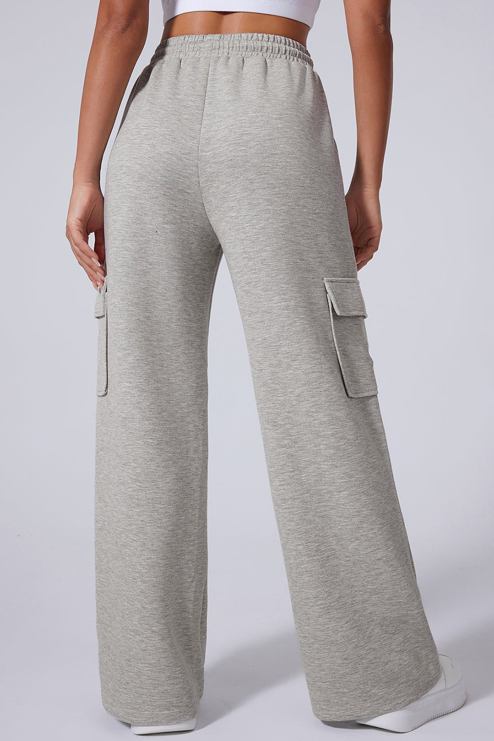 Light Grey Multi Pockets Lace-up High Waist Wide Leg Workout Pants