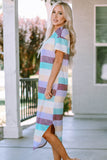 Striped Color Block V Neck T Shirt Midi Dress