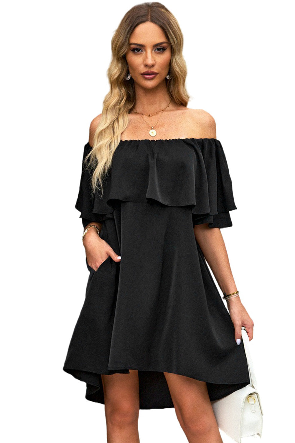 Off The Shoulder Ruffle Casual Shift Dress