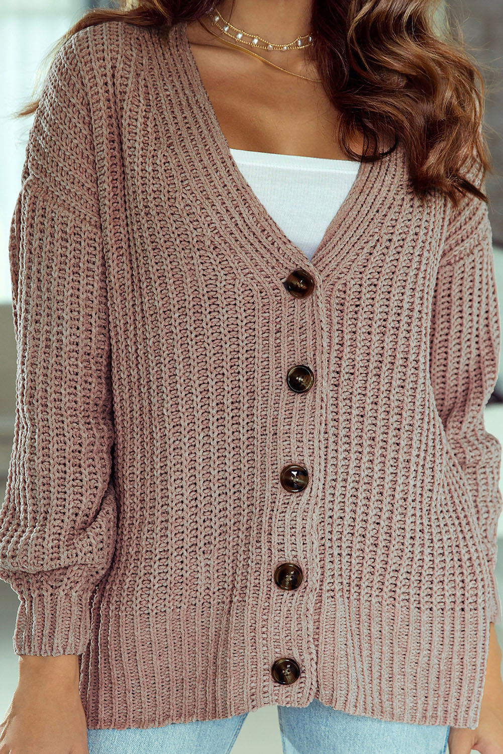 Buttoned Front Drop Shoulder Knitted Cardigan