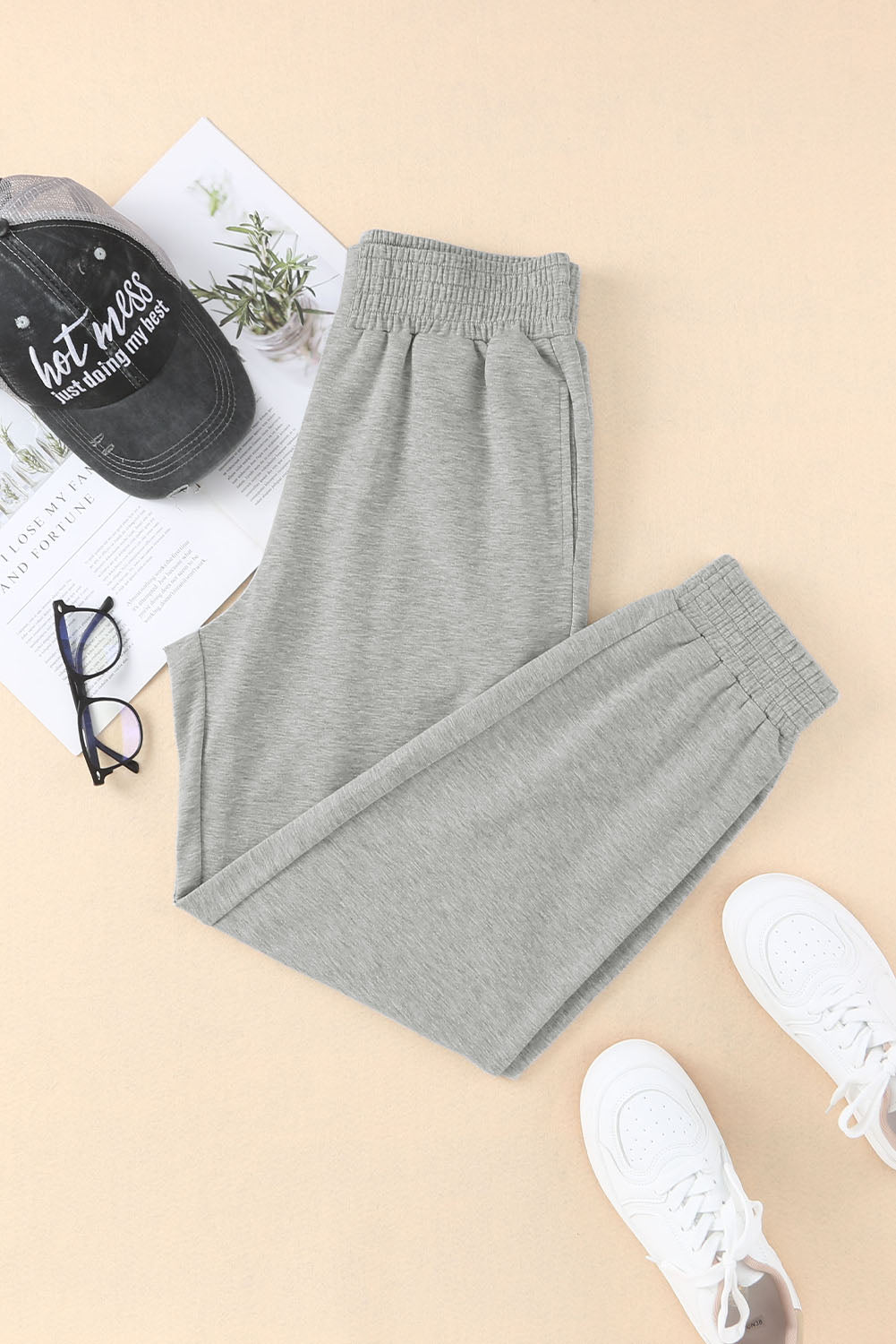 Pantalon de jogging taille haute smocké gris 