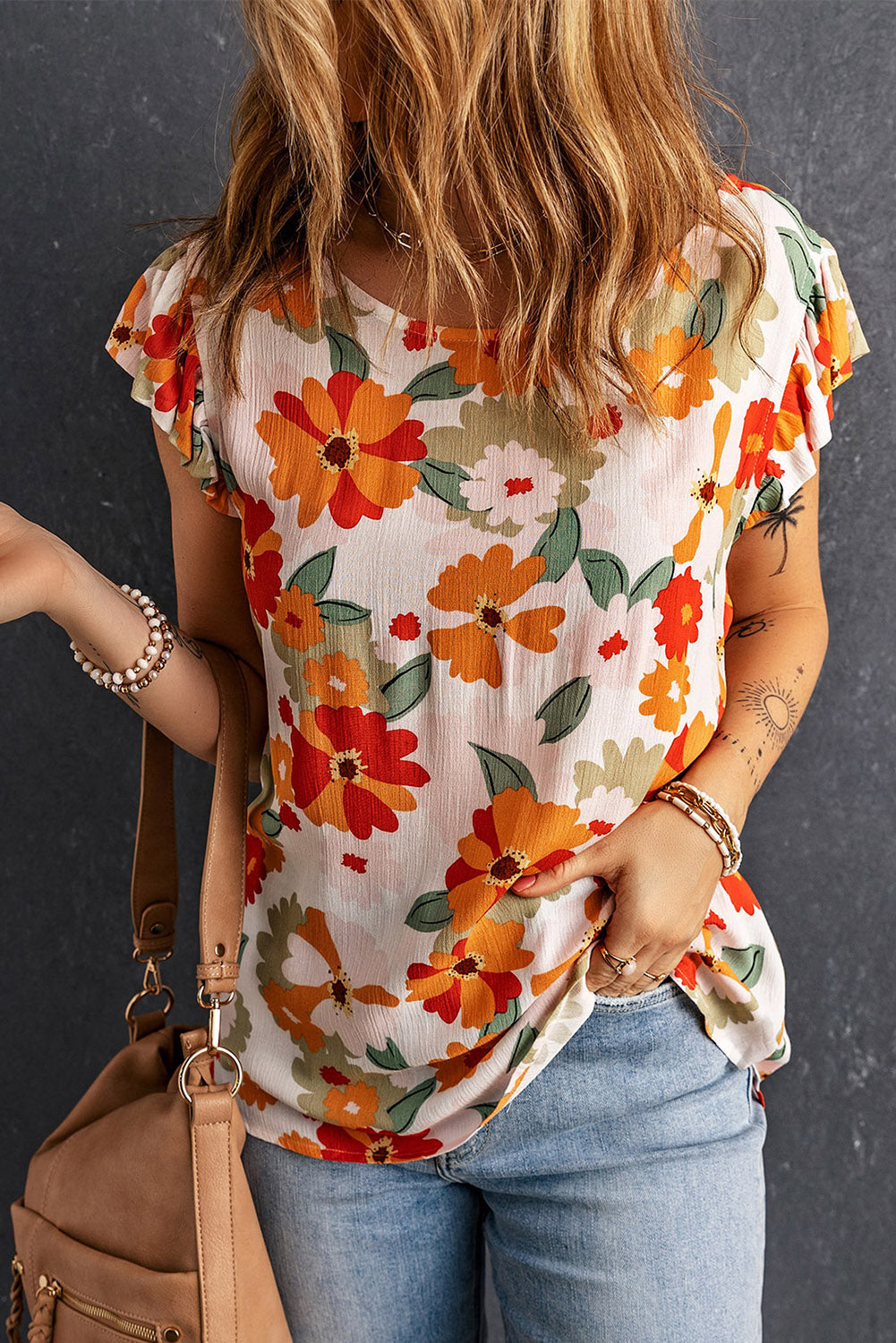 Floral Print Ruffled Flutter Sleeve Blouse