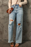 Distressed Frayed Hem Holed Straight Leg Loose Jeans