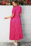 Rose Red Flower Mock Neck Puff Sleeve Tiered Maxi Dress